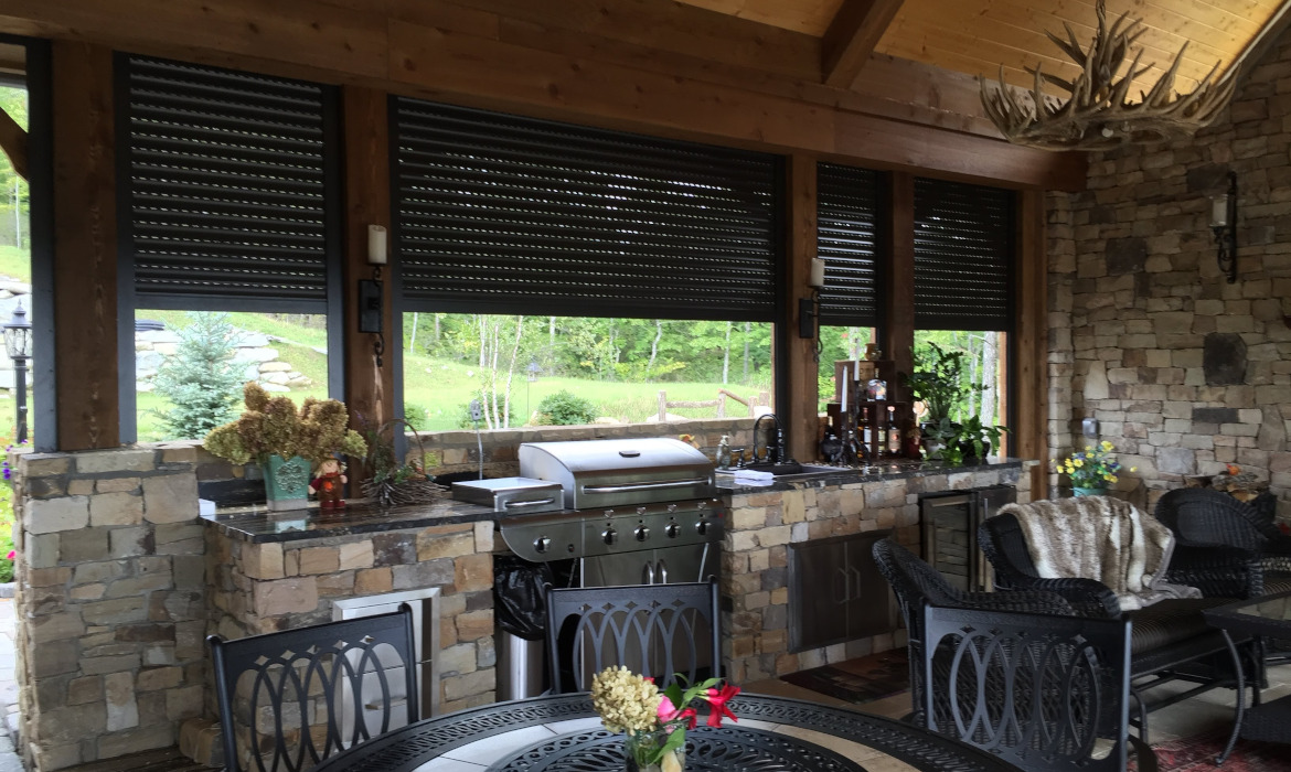 outdoor kitchen with security shutters